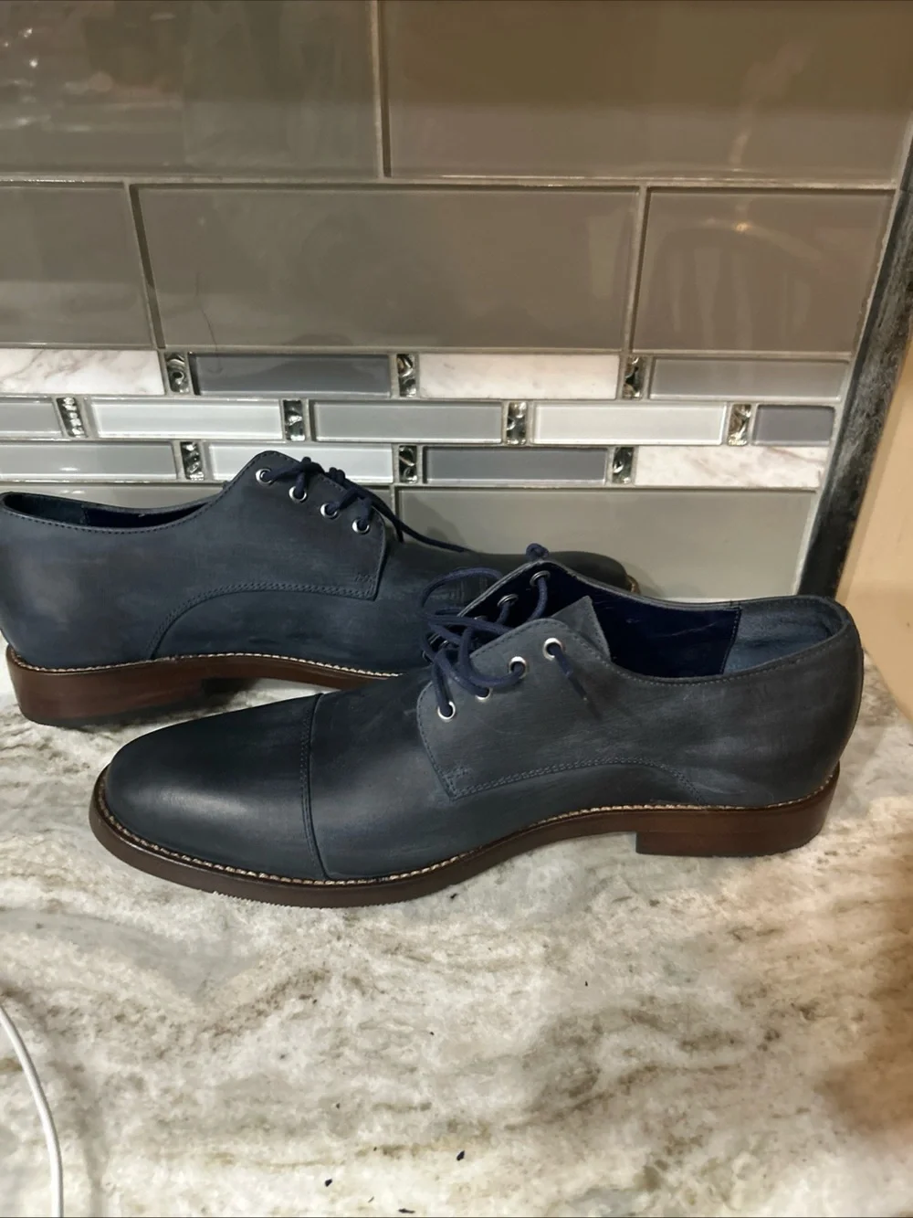 Wallin & bros. Navy Blue Leather Dress Shoes Made In Brazil Lace Up Size 10.5